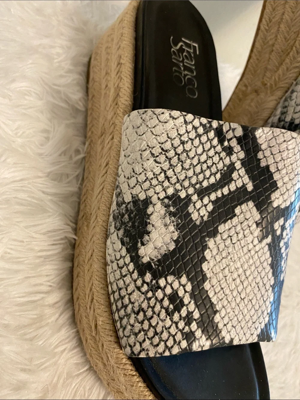 Franco Sarto Black & White Snake-Print Platform Slides